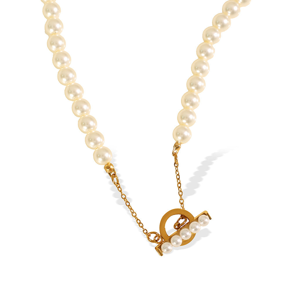 Vintage Pearl Toggle Necklace – Elegant Stainless Steel Chain