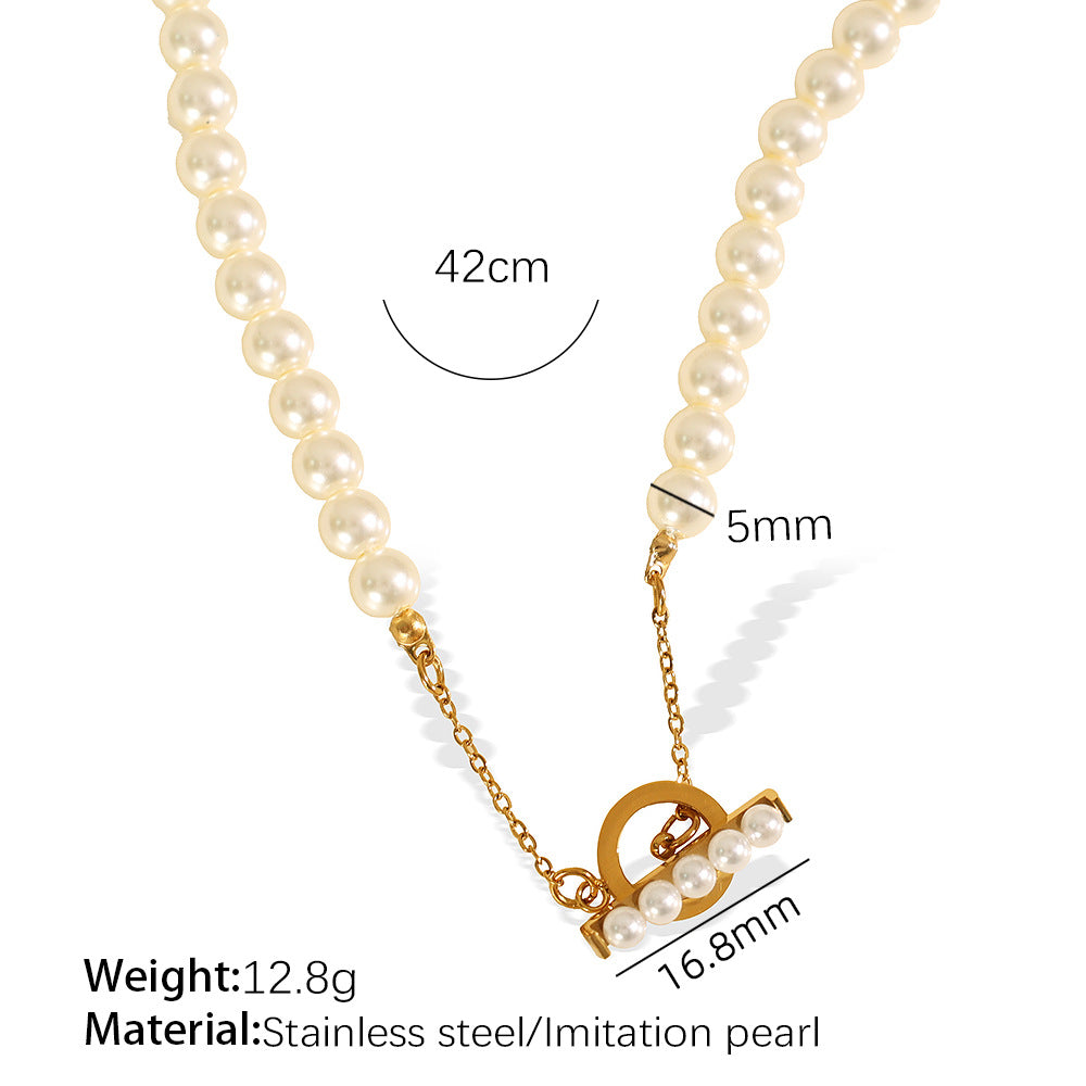 Vintage Pearl Toggle Necklace – Elegant Stainless Steel Chain
