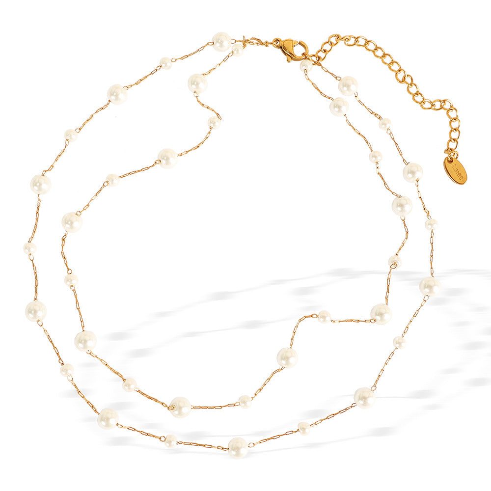 Layered Faux Pearl Necklace – Titanium Steel Double-Layer Chain