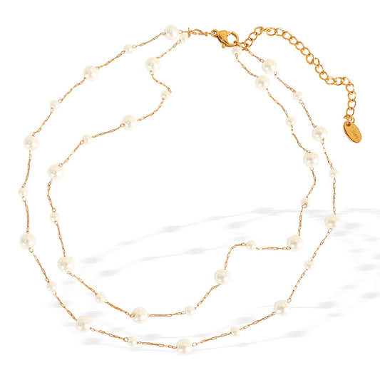 Layered Faux Pearl Necklace – Titanium Steel Double-Layer Chain