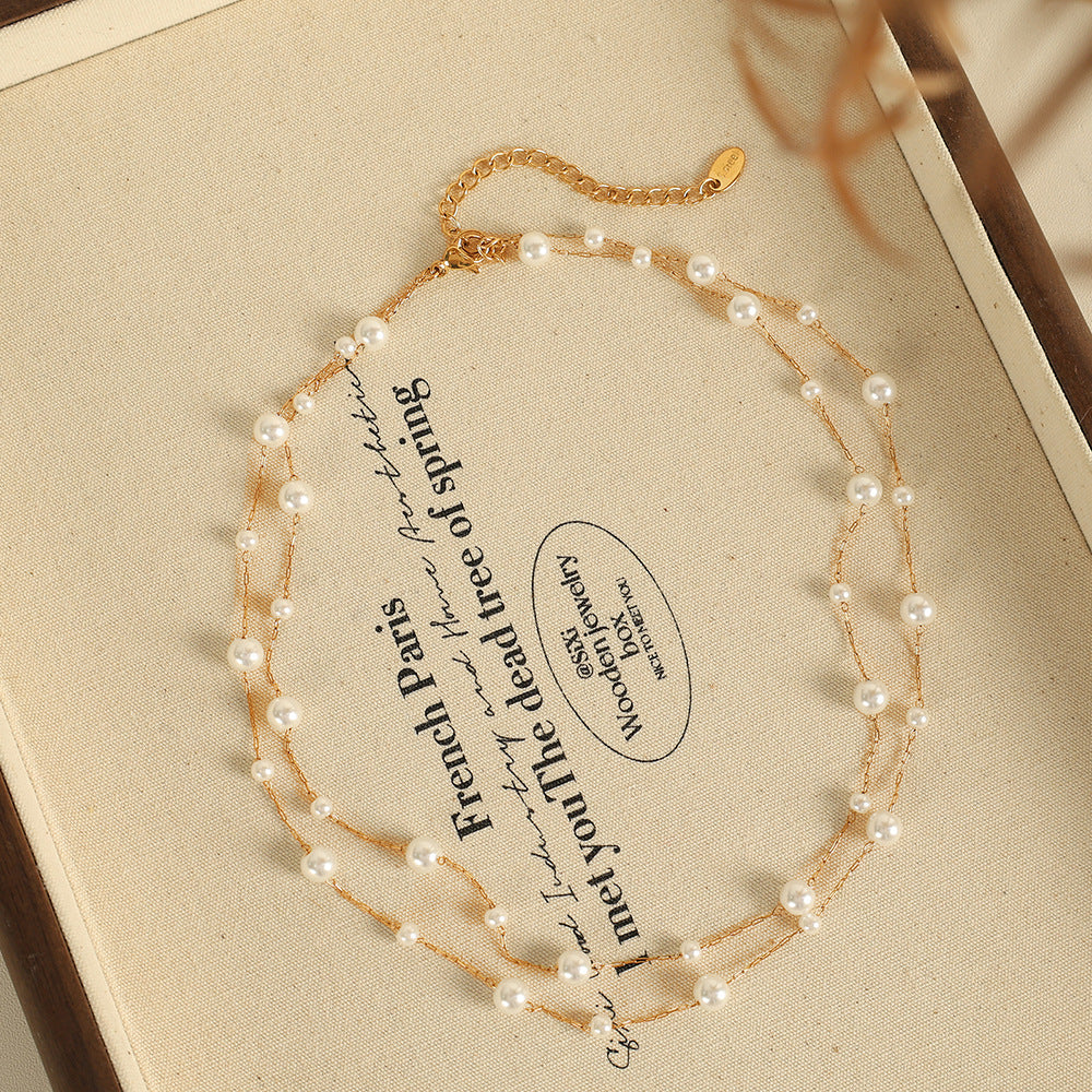 Layered Faux Pearl Necklace – Titanium Steel Double-Layer Chain