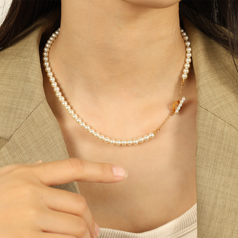 Vintage Pearl Toggle Necklace – Elegant Stainless Steel Chain