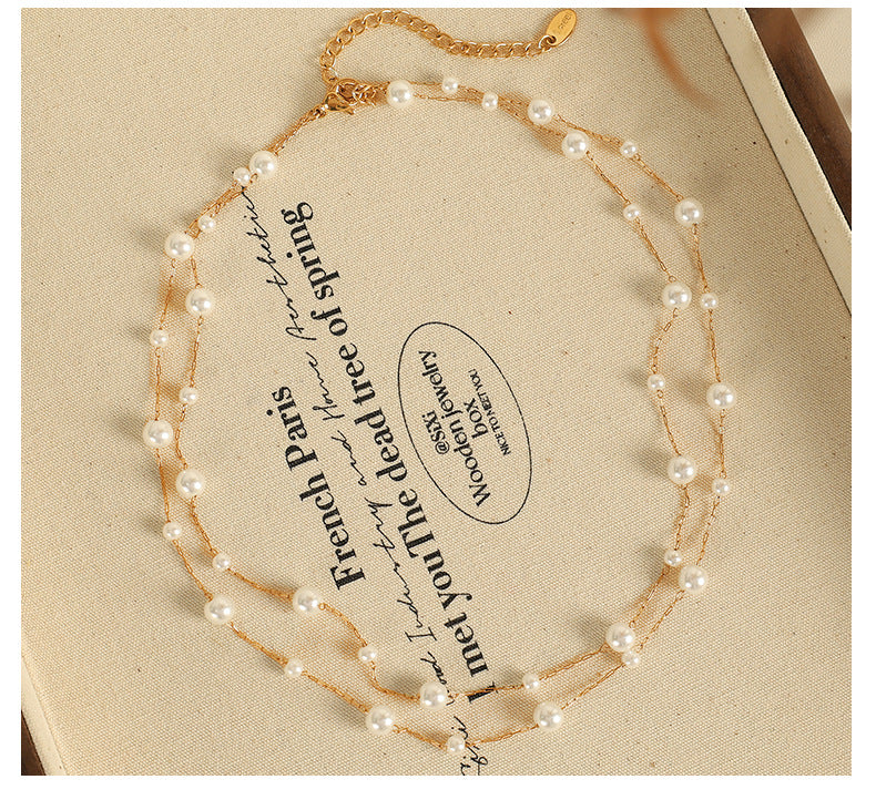 Layered Faux Pearl Necklace – Titanium Steel Double-Layer Chain