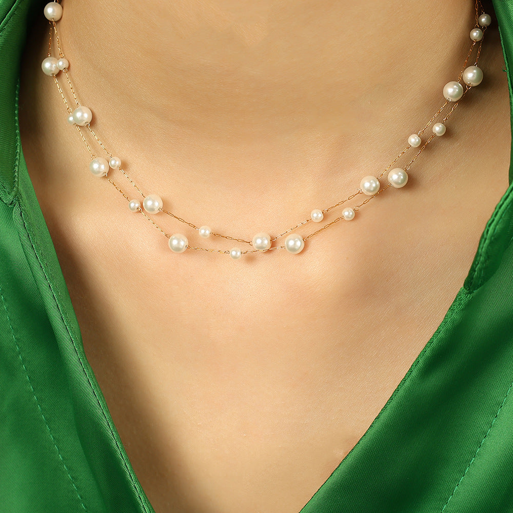 Layered Faux Pearl Necklace – Titanium Steel Double-Layer Chain