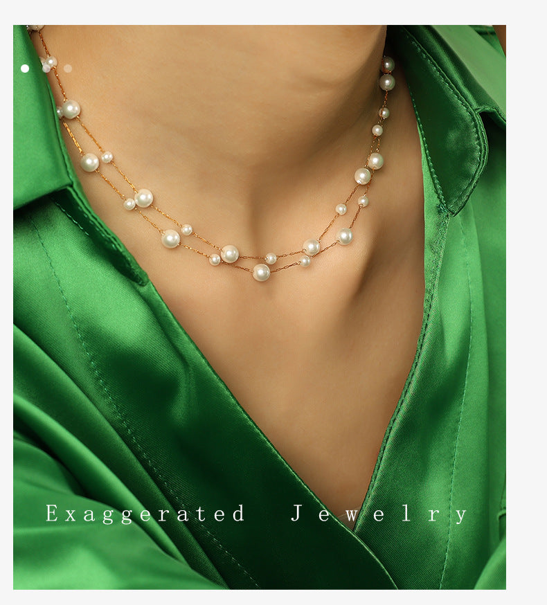 Layered Faux Pearl Necklace – Titanium Steel Double-Layer Chain